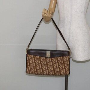 Christian Dior Trotter Canvas Shoulder Bag Brown Gold Auth 146664